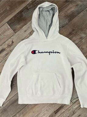 Champion White Hoodie with Navy & Red Script Logo